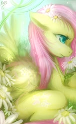 Size: 406x665 | Tagged: safe, artist:mr-tiaa, character:fluttershy, species:pegasus, species:pony, g4, colored pupils, daisy (flower), female, floppy ears, flower, mare, profile, sad, solo
