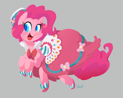Size: 2425x1940 | Tagged: safe, artist:twitchykismet, character:pinkie pie, clothing, colored pupils, dress, female, gala, gala dress, gray background, open mouth, simple background, solo