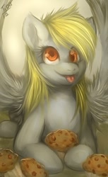 Size: 406x665 | Tagged: safe, artist:mr-tiaa, character:derpy hooves, species:pegasus, species:pony, g4, colored pupils, female, happy, mare, muffin, prone, solo, spread wings, tongue out, wings