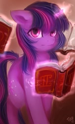 Size: 405x665 | Tagged: safe, artist:mr-tiaa, character:twilight sparkle, character:twilight sparkle (unicorn), species:pony, species:unicorn, g4, book, colored pupils, female, glowing horn, horn, looking at you, magic, magic aura, mare, solo, telekinesis