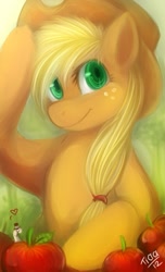 Size: 405x665 | Tagged: safe, artist:mr-tiaa, character:applejack, species:earth pony, species:pony, g4, apple, clothing, colored pupils, female, hat, heart, looking at you, mare, monocle, smiling, solo, top hat, worm