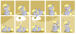 Size: 3395x1544 | Tagged: safe, artist:artist-apprentice587, character:derpy hooves, species:pegasus, species:pony, :3, :o, blushing, comic, cute, derpabetes, dream, eating, eyes closed, female, frown, grumpy, hoof hold, mare, messy eating, muffin, nom, open mouth, panel play, paradox, prone, raised eyebrow, sleeping, sleepy, smiling, sweat, sweatdrop, thought bubble, wide eyes, yawn, zzz