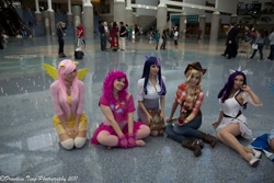 Size: 1024x683 | Tagged: safe, artist:aktrez, artist:xsoulxxxreaperx, artist:yayacosplay, photographer:franklin teng photography, character:applejack, character:fluttershy, character:pinkie pie, character:rarity, character:twilight sparkle, species:human, 2011, comikaze expo, comikaze expo 2011, cosplay, feet, irl, irl human, jessica nigri, photo