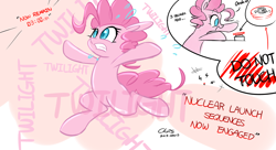 Size: 1280x698 | Tagged: safe, artist:xcopyen002, character:pinkie pie, species:earth pony, species:pony, big red button, button, comic, countdown, dialogue, female, mare, scared, solo, tumblr