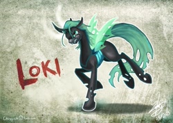 Size: 1191x842 | Tagged: safe, artist:chirpy-chi, character:queen chrysalis, species:changeling, angry, changelingified, crying, female, loki, marvel, solo