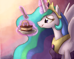 Size: 1500x1200 | Tagged: safe, artist:ric-m, character:princess celestia, species:alicorn, species:pony, cake, cakelestia, donut, female, licking lips, magic, mare, smiling, solo, tongue out