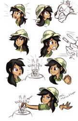 Size: 1275x1962 | Tagged: safe, artist:ric-m, character:daring do, animal, big cat, bust, clothing, expressions, facial expressions, female, grabbing, hat, humanized, pith helmet, portrait, sapphire statue, simple background, sketch dump, tiger, white background