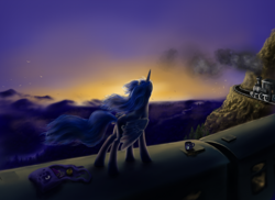 Size: 1000x727 | Tagged: safe, artist:grayma1k, character:princess luna, species:alicorn, species:pony, backlighting, cloud, cloudy, cup, female, saddle bag, solo, sunrise, train, valley