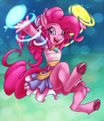 Size: 750x871 | Tagged: safe, artist:vertizontal, character:pinkie pie, species:anthro, species:unguligrade anthro, element of laughter, female, hooves, magic, solo, unshorn fetlocks