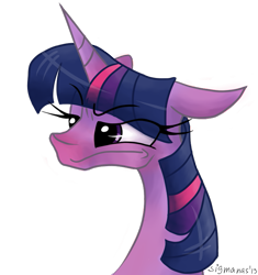 Size: 747x794 | Tagged: safe, artist:sigmanas, character:twilight sparkle, blushing, female, floppy ears, frown, glare, portrait, simple background, solo, transparent background, unamused