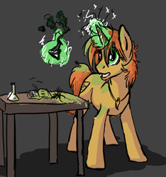 Size: 1280x1369 | Tagged: safe, artist:gonedreamer, oc, oc only, oc:amber drop, species:pony, species:unicorn, gritted teeth, magic, necklace, smoke, solo, table, telekinesis, vial
