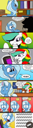 Size: 1500x5740 | Tagged: safe, artist:epulson, character:princess celestia, character:trixie, book, clothing, comic, dialogue, frown, grin, hat, magic, moustache, necromancy, open mouth, reading, smiling, smirk, telekinesis, trollestia, wide eyes