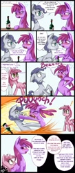 Size: 700x1600 | Tagged: safe, artist:starlightspark, character:berry punch, character:berryshine, character:ruby pinch, species:earth pony, species:pony, species:unicorn, episode:slice of life, g4, my little pony: friendship is magic, bar, blushing, bottle, comic, dialogue, drunk, exclamation point, falcon punch, female, filly, foal, male, mare, stallion, tin tailor