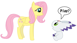 Size: 5000x2800 | Tagged: safe, artist:erockertorres, character:fluttershy, species:pegasus, species:pony, calumon, crossover, dialogue, digimon, duo, female, mare, simple background, speech bubble, transparent background