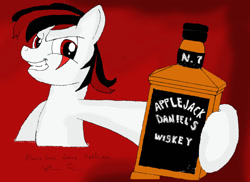 Size: 1024x744 | Tagged: safe, artist:vittorionobile, oc, oc only, oc:blackjack, species:pony, species:unicorn, fallout equestria, fallout equestria: project horizons, alcohol, applejack daniel's, bottle, fanfic, fanfic art, female, hooves, horn, mare, smiling, solo, teeth, text, whiskey