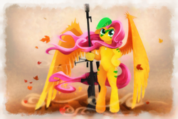 Size: 4000x2690 | Tagged: safe, artist:shaadorian, character:fluttershy, species:pegasus, species:pony, beret, bipedal, bodypaint, dog tags, face paint, female, floppy ears, gun, hooves, mare, op 96 falcon, optical sight, rifle, sniper rifle, snipershy, solo, spread wings, war paint, weapon, windswept mane, wings
