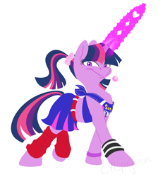 Size: 3175x3394 | Tagged: safe, artist:calicopikachu, character:twilight sparkle, species:pony, species:unicorn, g4, alternate hairstyle, candy, chainsaw, cheerleader sparkle, clothing, female, food, high res, juliet starling, lollipop, lollipop chainsaw, magic, mare, ponytail, simple background, skirt, solo, white background