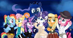 Size: 5192x2744 | Tagged: safe, artist:lucy-tan, character:applejack, character:fluttershy, character:pinkie pie, character:princess luna, character:rainbow dash, character:rarity, character:twilight sparkle, a clockwork orange, alex delarge, anarchy stocking, astrid, clothing, costume, crossover, hoof gloves, how to train your dragon, lara croft, lola bunny, looney tunes, mane six, marie antoinette, nightmare night, panty and stocking with garterbelt, the looney tunes show, tomb raider, twilight is not amused, unamused