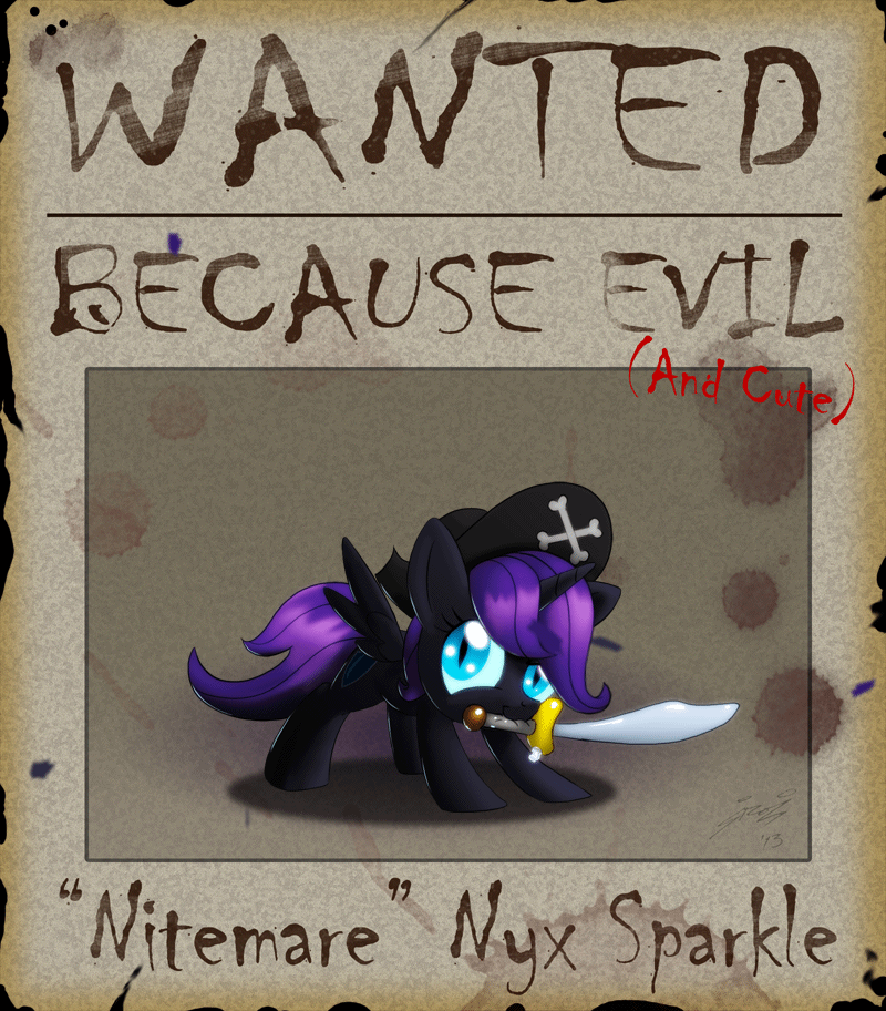 Size: 800x912 | Tagged: safe, artist:lionheartcartoon, oc, oc only, oc:nyx, species:alicorn, species:pony, animated, cute, mouth hold, pirate, solo, sword, toy sword, wanted, wanted poster, weapon
