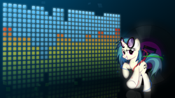 Size: 1920x1080 | Tagged: safe, artist:mithandir730, artist:takua770, character:dj pon-3, character:vinyl scratch, species:pony, species:unicorn, cutie mark, female, glasses, glow, hooves, horn, looking at you, mare, smiling, solo, sunglasses, teeth, vector, wallpaper