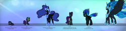 Size: 2362x594 | Tagged: safe, artist:sevireth, character:nightmare moon, character:princess luna, oc, oc:nyx, species:alicorn, species:pony, fanfic:past sins, age progression, alicorn oc, armor, chart, clothing, continuity, ethereal mane, glasses, hairband, headband, nightmare nyx, nyx contacts, progression, saddle bag, suit, timeline, tumblr, tumblr:nyx contacts, two sides, vest, wavy mane