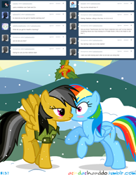 Size: 1280x1646 | Tagged: dead source, safe, artist:drumblastingquilava, character:daring do, character:rainbow dash, ship:daringdash, ask, askdashanddo, female, holly, holly mistaken for mistletoe, kissing, lesbian, shipping, tumblr