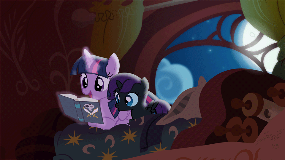 Size: 960x540 | Tagged: safe, artist:duo cartoonist, artist:lionheartcartoon, character:twilight sparkle, character:twilight sparkle (alicorn), oc, oc:nyx, species:alicorn, species:pony, fanfic:past sins, alicorn oc, animated, bed, bedtime story, book, cute, daughter, eye shimmer, female, hnnng, like mother like daughter, lying down, magic, mama twilight, mother, mother and daughter, night, nyxabetes, pirate, prone, reading, show accurate, spread wings, talking, weapons-grade cute, window, wings