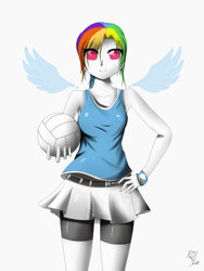 Size: 1500x2000 | Tagged: safe, artist:burnoid096, character:rainbow dash, species:human, ball, clothing, compression shorts, female, humanized, skirt, solo, sports, winged humanization, wings
