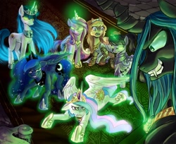 Size: 978x800 | Tagged: safe, artist:robd2003, character:princess cadance, character:princess celestia, character:princess luna, character:queen chrysalis, oc, species:changeling, bad end, changeling queen, female, possessed