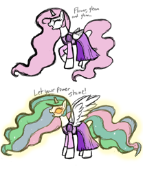 Size: 1800x2160 | Tagged: safe, artist:inkrose98, character:princess celestia, species:alicorn, species:pony, clothing, crossover, disney, disney princess, dress, eyes closed, female, glowing eyes, magic, mane, open mouth, pink mane, rapunzel, singing, solo, spread wings, standing, tangled (disney), wings