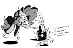 Size: 1409x927 | Tagged: safe, artist:jailbait, character:pinkie pie, black and white, computer, grayscale, monochrome