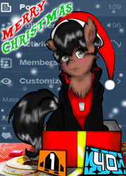 Size: 1169x1630 | Tagged: safe, artist:fourze-pony, species:pony, blushing, box, christmas, clothing, cute, dog tags, fluffy, fourze, fourze-pony, fourze-stallion, frown, hat, kamen rider, kamen rider fourze, kisaragi gentaro, looking at you, male, ponified, pony in a box, present, santa hat, sitting, solo, stallion, tumblr, tumblr comic
