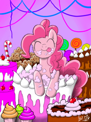 Size: 850x1138 | Tagged: safe, artist:chocolatechilla, character:pinkie pie, species:earth pony, species:pony, blep, cake, candy cane, cherry, cupcake, cute, eating, eyes closed, female, frosting, leaning, licking lips, lollipop, messy, messy eating, muffin, pop out cake, smiling, solo, streamers, tongue out