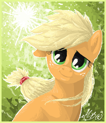 Size: 341x394 | Tagged: safe, artist:gonedreamer, character:applejack, female, looking at you, pixel art, portrait, solo, sun