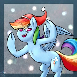 Size: 900x900 | Tagged: dead source, safe, artist:lizzyoli-ravioli, character:rainbow dash, species:pegasus, species:pony, abstract background, bipedal, christmas, clothing, female, hat, holiday, mare, open mouth, santa hat, signature, solo, underhoof