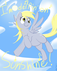 Size: 900x1125 | Tagged: safe, artist:no-ink, character:derpy hooves, species:pegasus, species:pony, g4, female, flying, katrina and the waves, mare, singing, sky, solo, song reference, sun, walking on sunshine