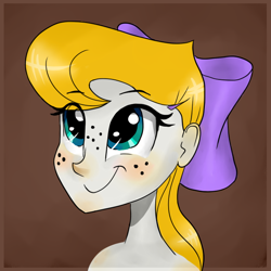 Size: 630x630 | Tagged: safe, artist:sigmanas, oc, oc only, my little pony:equestria girls, bow, bust, caramel splash, female, freckles, humanized, portrait, pug nose, smiling, solo, square