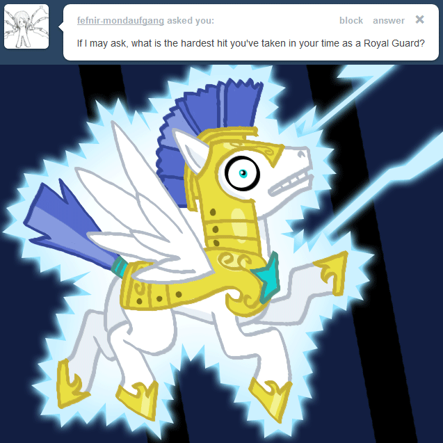 Size: 637x637 | Tagged: safe, artist:songoharotto, oc, oc only, oc:aquilinus, animated, ask, ask aquilinus, electrocution, lightning, royal guard, solo, tumblr, x-ray sparks