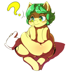 Size: 1280x1280 | Tagged: safe, artist:trinity-fate62, oc, oc only, oc:anon, oc:quicksilver, species:earth pony, species:pony, belly, blushing, clothing, cute, fat, frown, gloves, hand, male, question mark, sitting, solo