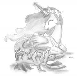 Size: 1444x1428 | Tagged: safe, artist:catscratchpaper, character:princess celestia, character:twilight sparkle, cute, grayscale, magic, momlestia, monochrome, on back, prone, smiling, tickling