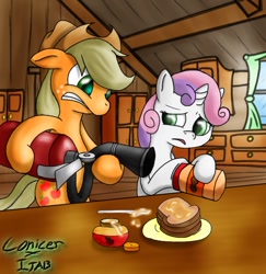 Size: 880x907 | Tagged: safe, artist:conicer, artist:jabbie64, derpibooru original, character:applejack, character:sweetie belle, applesauce, colored pupils, fire extinguisher, food, peanut butter, scared, table, this will end in fire