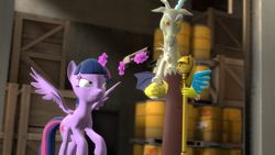 Size: 1024x576 | Tagged: safe, artist:fezwearingdoctor, character:discord, character:twilight sparkle, character:twilight sparkle (alicorn), species:alicorn, species:pony, ship:discolight, 3d, angry, bust, female, gmod, gun, mare, shipper on deck, shipping, shotgun, twilight scepter
