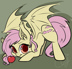 Size: 1280x1233 | Tagged: safe, artist:inkie-heart, character:flutterbat, character:fluttershy, species:bat pony, species:pony, episode:bats!, g4, my little pony: friendship is magic, apple, cute, female, looking at you, race swap, shyabates, shyabetes, solo