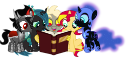 Size: 1024x462 | Tagged: dead source, safe, artist:bubblestormx, character:discord, character:king sombra, character:nightmare moon, character:princess luna, character:queen chrysalis, character:sunset shimmer, species:alicorn, species:changeling, species:draconequus, species:pony, species:unicorn, :o, changeling queen, colt, colt sombra, cute, cutealis, discute, female, filly, filly queen chrysalis, filly sunset shimmer, foal, frown, male, moonabetes, nightmare woon, nymph, open mouth, reading, shimmerbetes, simple background, sitting, smiling, sombradorable, white background, younger