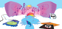 Size: 986x459 | Tagged: safe, artist:burrburro, character:derpy hooves, character:rainbow dash, species:pegasus, species:pony, black flag, cloud, dirty rotten imbeciles, female, mare, music, record player, speakers