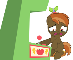 Size: 6000x5000 | Tagged: safe, artist:csillaghullo, artist:jan, character:button mash, species:earth pony, species:pony, absurd resolution, arcade game, blank flank, clothing, colt, crying, foal, hat, hooves, male, open mouth, propeller hat, simple background, sitting, solo, transparent background