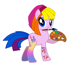 Size: 1400x1418 | Tagged: safe, artist:pinkanon, character:toola roola, species:earth pony, species:pony, g3, female, g3 to g4, g3betes, generation leap, mare, mouth hold, paint, paintbrush, palette, roolabetes, simple background, solo, toola roola (g3), transparent background