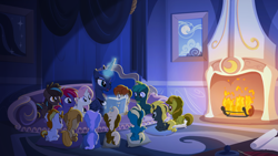 Size: 1920x1080 | Tagged: safe, artist:lionheartcartoon, character:baby moondancer, character:princess luna, oc, oc:candlelight, oc:fly-by-night, oc:gari, oc:magpie, oc:night light, oc:nightshade, oc:spirit, oc:springsign, oc:tingle, oc:trotamundo, oc:wind whisper, species:pony, episode:slice of life, g4, my little pony: friendship is magic, book, children of the night, colt, couch, dark, filly, fireplace, foal, male, pillow, reading