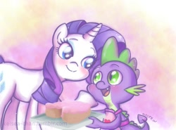 Size: 900x665 | Tagged: dead source, safe, artist:kelsea-chan, character:rarity, character:spike, species:dragon, species:pony, species:unicorn, ship:sparity, g4, apron, cake, clothing, female, food, interspecies, male, mare, naked apron, shipping, straight