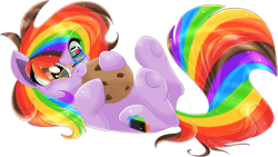 Size: 1578x893 | Tagged: safe, artist:blackfreya, oc, oc only, oc:rainbow screen, species:earth pony, species:pony, cookie, cute, eating, food, glasses, multicolored hair, rainbow hair, simple background, solo, transparent background